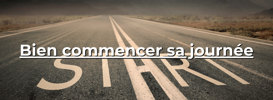 Route déserte avec marquage au sol START et texte Bien commencer sa journée